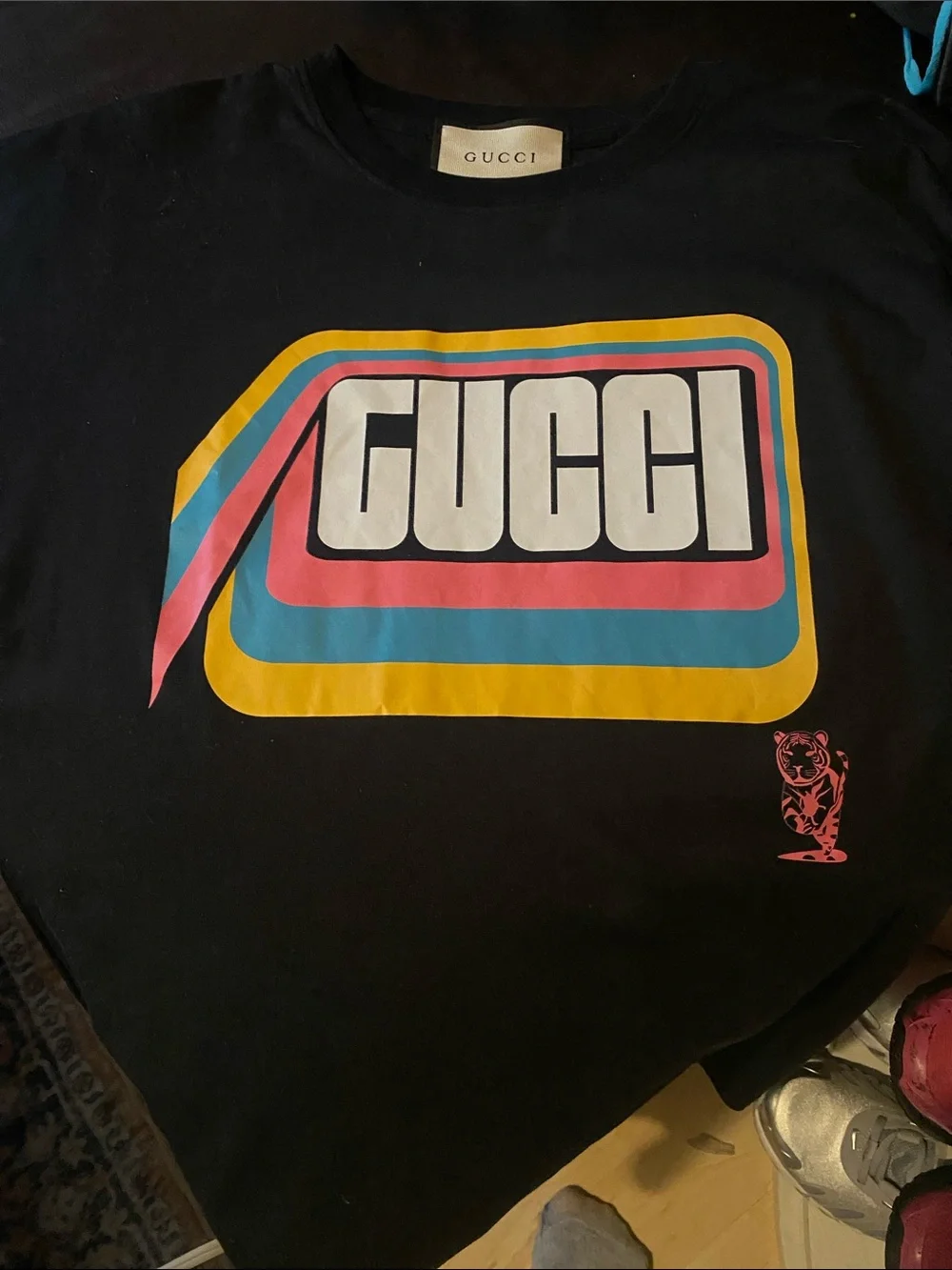 Gucci Black Tee with Yellow, Blue, Pink and White Retro Logo, Size S Men’s